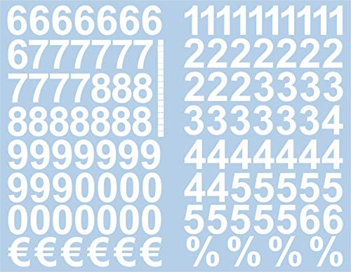 Weisse Zahlen Aufkleber 3cm Hoch - 117 KLEBEZAHLEN - Selbstklebende Ziffern und Nummern 0-9 und € sowie% - Ideal für den Außenbereich da Wasser und Wetterfest