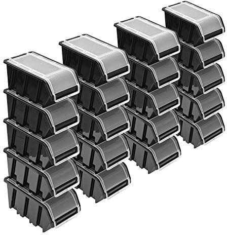 Stapelboxen Set – 20x Stapelbox mit Deckel 195x120x90 mm – Sichtbox Stapelbox Lagerbox, Schwarz