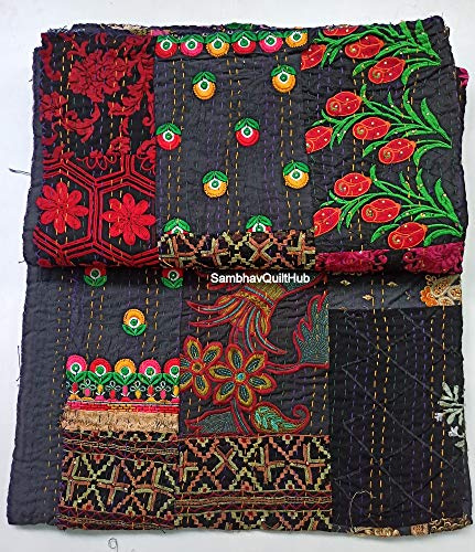 Embrodiery - Hermoso edredón de seda vintage hecho a mano Sari Jari Patchwork Khambhadiya Kantha Quilting Kantha Colcha reversible Assoted Kantha colcha manta / Twin/Queen/King (negro, 90 x 108