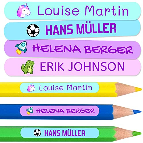 50 Pegatinas Personalizadas con Nombre para material escolar. Etiquetas adhesivas mini de colores. Vinilo adhesivo identificativo impermeable para bolis y lápices. Tamaño 4,6 x 0,6 cm