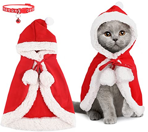 Katze Hund Umhang mit roter Weihnachtsmütze, Weihnachtskostüm mit Glockenband als Geschenk, Weihnachtskostüm für Welpen Kätzchen Katzen kleine Hunde Haustiere, für Weihnachten Cosplay (Größe M)