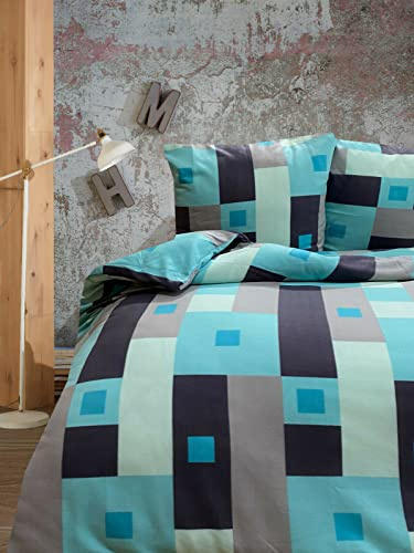 Leonado Vicenti Winter Bettwäsche 155x220 Thermo Fleece Flausch Garnitur Warm Deckenbezug Kissenbezug Bezug Grau Türkis 2 TLG