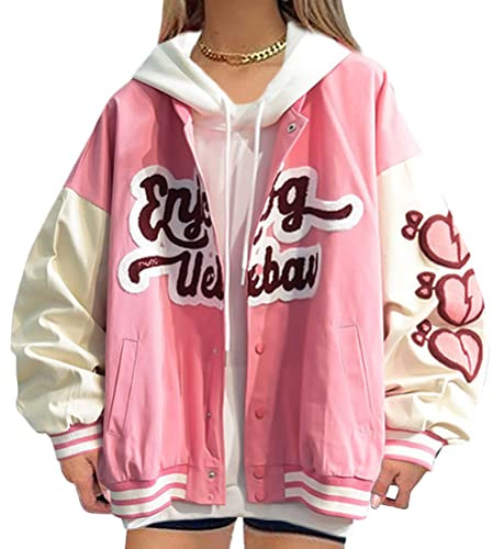 Onsoyours Damen Sweatjacke Y2K College Sweat Jacket Frauen Vintage Jacken Mit Reißverschluss Baseball Mantel Herbst Frühling Mode Sport Jacke Streetwear