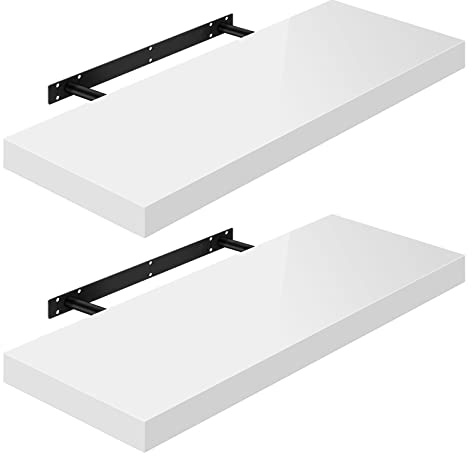 WOLTU Wandregal,Schweberegale Hochglänzend Weiß,80x22,9x3,8cm 2er | Wandboard 2er mit Metallhalterung, für Küche Badezimmer Wohnzimmer Schlafzimmer, aus MDF, Regale mit der höchsten Träger 10kg