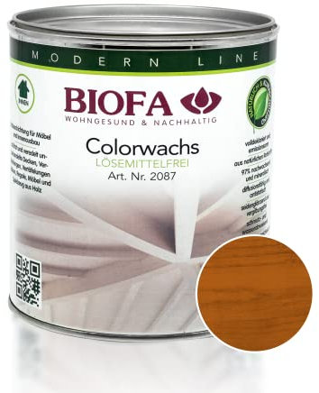 BIOFA Colorwachs lösemittelfrei farbig natürliche Holz-Wachs-Lasur mit Carnaubawachs für Holzdecken, Möbel, Spielzeug Mahagoni 0,375L