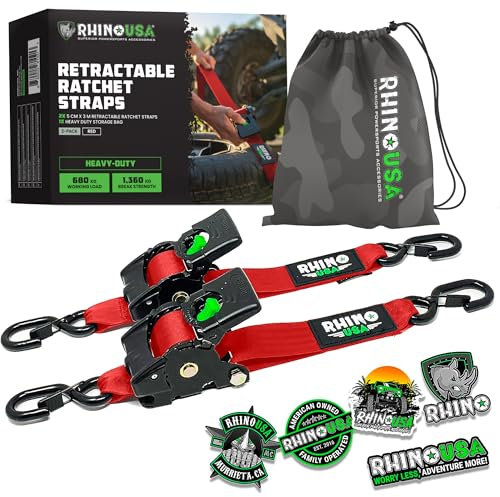 Rhino USA Cinghie di tensione retrattili con cricchetto da (confezione da 2) -1360 kg di carico di rottura, incluse (2) automatiche ultimate da 5.0 cm x 3 m con maniglie imbottite - Rossa