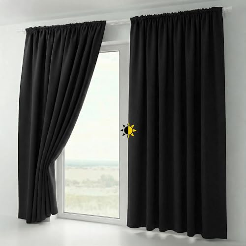 BEAUTEX 2er Set Kräuselband Verdunkelungsvorhang mit U-Band, Gardinen abdunkelnd und Blickdicht (B=140 cm, H=225 cm, Schwarz)