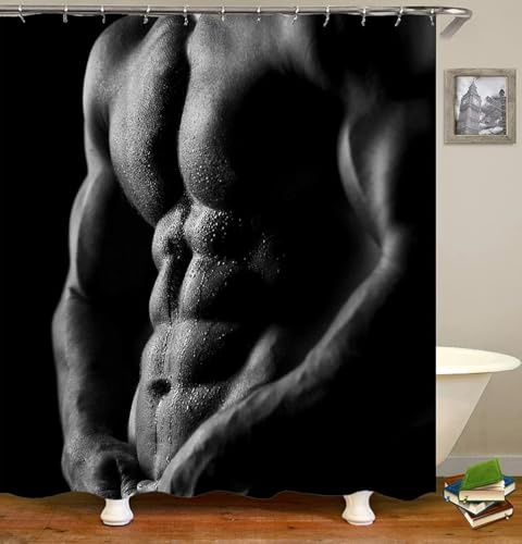 RAMOTE Duschvorhang 120x200 Sexy Mann, Duschvorhänge Antischimmel 3D Schwarz, Shower Curtains Wasserdicht Waschbar, Duschrollo für Badewanne Dusche Badezimmer, mit 8 Ringe