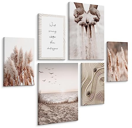 Muralo Wandbilder 6er-Set, Boho, Beige - 2x 30x40 + 4x 20x30 cm | Leinwandbild, Modernes Design, Aufhängefertig, UV-beständig - ideal für Wohnzimmer, Ein echter Hingucker in jedem Zuhause