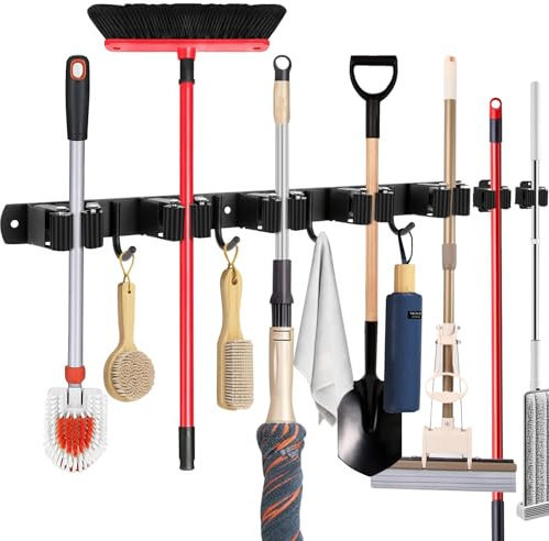 zzolee Besenhalterung Wand, Gerätehalter Edelstahl Wand, Besenhalter Gartengerätehalter Selbstklebend mit 5 Halter und 4 Haken Plus 2 unabhängige Halter für Zuhause, Küche, Badezimmer, Garage, Garten