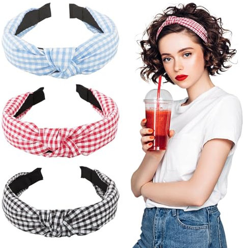 3pcs Bandeau Noeud Serre-tête Carreaux Large Rétro Mignon Headband Vintage en Tissu Decoration de Oktoberfest Party Quotidien pour Femmes Filles (rouge+noir+bleu, A)