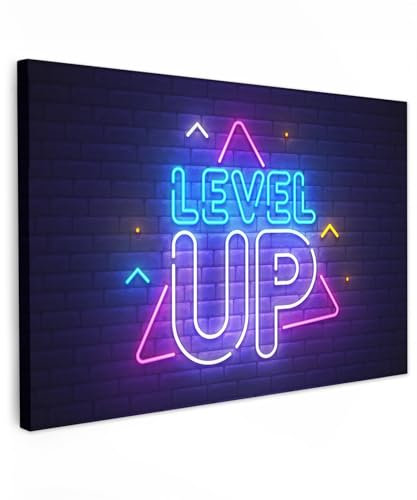 MuchoWow© Leinwände Groß 120x80 cm XXL Wall Decoration Bilder Schlafzimmer Deko Pictures Canvas Painting Wanddekoration Wohnzimmer Gaming - Neon - Level Up - Sprüche