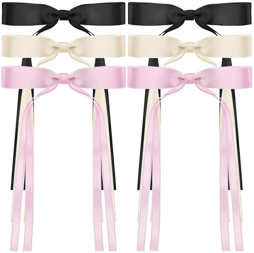 6Pcs Hair Bows for Women, Satin Ribbon Hair Bows with Metal Clips, Tassel Bowknot Hair Clips with Long Tail, Hair Barrettes with Bow Accessories(Black,Pink,Beige)