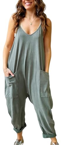 BRONG Salopette per Donne Estate Gonfio Gamba Larga Monopezzi e Tutine Sciolto Senza Maniche Casuale Regolabile Bavaglino Pantaloni le Signore Complessivamente Cotone Lungo Tutina Verde XXL
