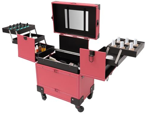 HarBin-Star Kosmetikkoffer Trolley, Multikoffer mit Spiegel und Rollen, Abschließbar Groß Schminkkoffer, für Visagisten, Friseure, Nageltechniker und Kosmetiker (Rose)