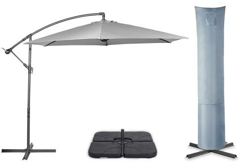 VonHaus Parasol with Base & Waterproof Cover, 3M Cantilever Banana Umbrella for Outdoor, Garden, Patio, Sunshade Canopy with Hand Crank, Tilt & Rotate Function, UV30+ Protection, Air Vent, Steel Frame