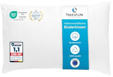 Third of Life Kinder Kissen 40x60, Oekotex-Zertifiziert, Höhenverstellbares Kinderkissen ab 3 Jahre, Kinderkopfkissen TILLA, Weiches Kopfkissen mit Bio-Baumwolle