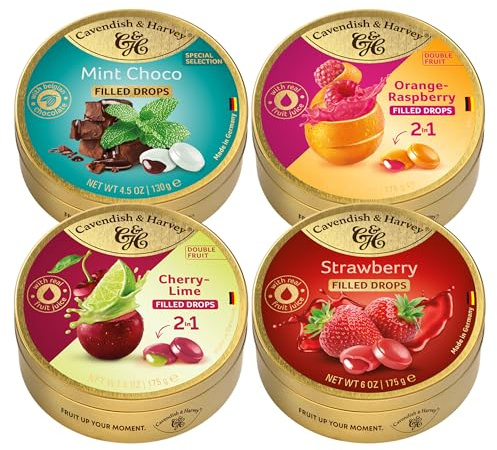 Cavendish & Harvey 4er Probier-Set | Mint Choco 130g | Strawberry175 g | Doublefruit Orange With Raspberry 175g | Double Fruit Cherry With Lime Filling 175 g | 4er Pack