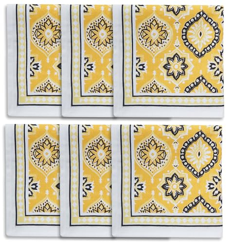 Encasa XO Serviettes de Table Lot de 6 | Serviettes en Toile de Coton avec Impression en Bloc Jaune-03-45x45 cm | Impression Manuelle Jaipur Sanganeri