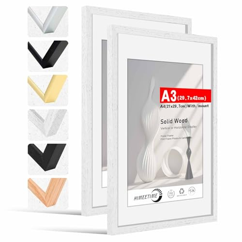 HIMEETIME® 2x Bilderrahmen DIN A3 30x42 cm Weiss Holz Fotorahmen aus Massivholz Rahmen29,7 X42 cm,Bild mit Passepartout Display A4(21x30cm),für Wandbehänge oder Tischdekoration