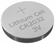 Batteria a bottone al litio CR-2032, 3 V, adatta per orologi, calcolatrici e piccoli dispositivi elettronici.