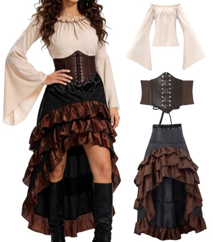minkasic Mittelalter Piratenkostüm Set Mittelalter Kleid Damen mit Piraten Korsett Oberteil Rock Faschingskostüm für Halloween Karneval Cosplay