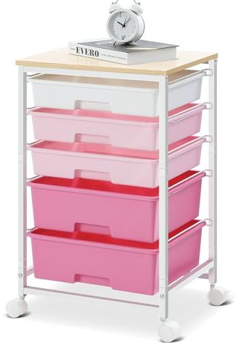 SYKIARIOL Carro de baño con 5 cajones y encimera de madera, rosa