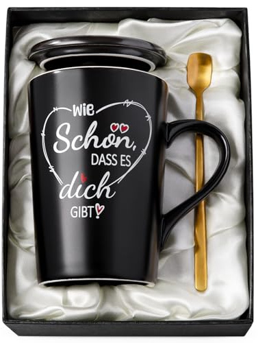 Schön dass es Dich Gibt Geschenke für Frauen, 400ml Keramik Schwarzer Tasse | Dankeschön Geschenk Mit goldenem Löffel, edler Geschenkbox und Grußkarte, Geburtstag Geschenke für Frauen, Männer