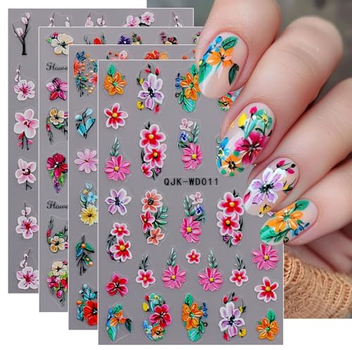 JMEOWIO Nagelsticker Blumen 6 Blatt Nail Art Sticker Selbstklebend Nagelaufkleber Sommer Blumen Dekoration Nageldesign Zubehör