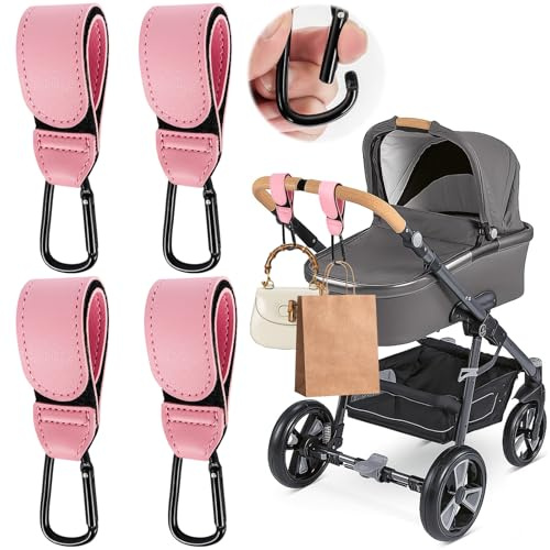 4 Pcs Leather Buggy Clips,Pram Hook Clip,Pram Rocker Clip for Bags，Buggy Bike Rocker Clip,Universal Pram Accessories for Pushchair,Shopping Bag,Backpack (Pink)