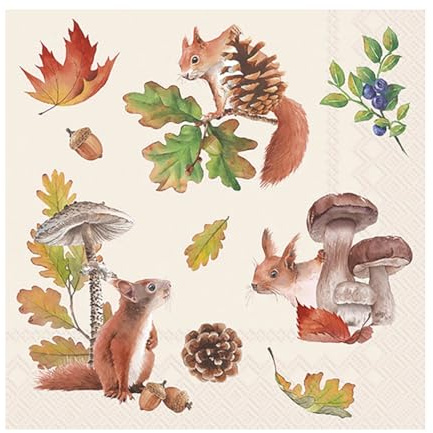 20 Servietten Herbst Eichhörnchen an Blätter und Pilze als Tischdeko. Papierservietten mit Motiv. Auch für Decoupage und Serviettentechnik 33x33cm