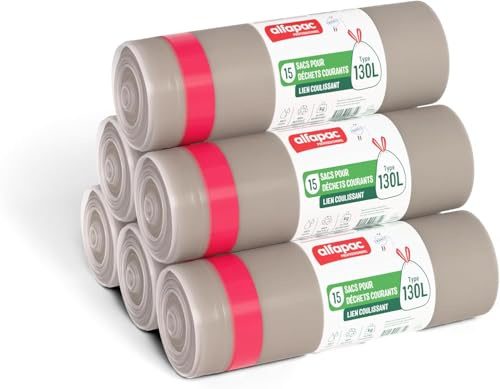 alfapac professionnel - Carton de 90 sacs-poubelle à lien coulissant - 130L | Ultra résistant - Etanche - 6 rouleaux de 15 sacs - Pour déchets courants
