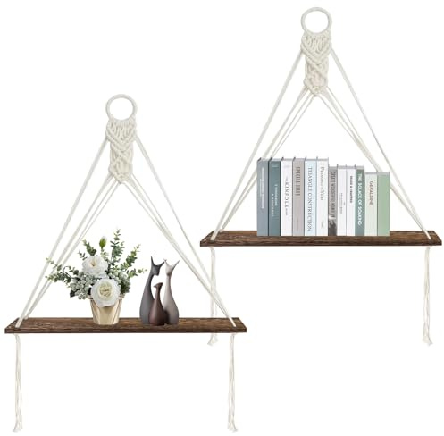 PORFOYO Wandregal Holz, 2er Set Regal Wand Im Boho Stil Aus Treibholz mit Baumwollseil Handgewebtes Schweberegal Als Holzregal Wand und Wand Regal für Wohnzimmer Schlafzimmer Badezimmer Wanddeko Boho
