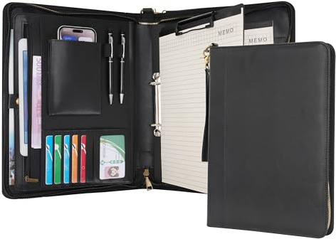 Wason Portfolio A4 Cremallera, Carteras de viaje Cuero PU con Carpeta de Anillas Desmontable y Soporte Bloc de Notas, Organizador Multibolsillos para Conferencias Oficina Viajes Escuela