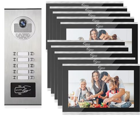 4-Wire Video Intercom System,7 Inch,Night Vision,Live View and Conversation,Unlock by Monitor APP/Swipe Card,Smart Video Doorbell with Camera & Intercom (1 Doorbell + 10 Monitor)