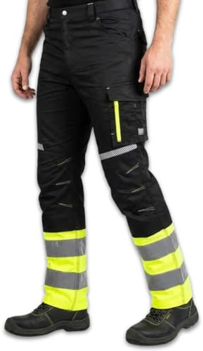 NEO TOOLS Warnschutzhose Schwarz-Gelb – Hohe Sichtbarkeit (Klasse 1) – Robustes Twill-Gewebe, Kniepolstertaschen und Multifunktionstaschen – Für BAU, Straße und Lager