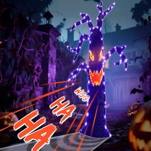 Eambrite Screaming Ghost Halloween Decorations Outdoor, Motion-Activated Spooky Halloween Tree with Purple Orange Lights, Large Scary Holiday Garden decorations Props for House Front Door Yard Decor