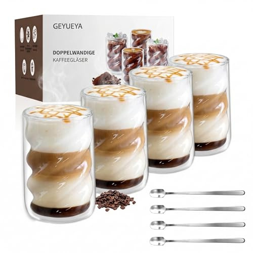 GEYUEYA Home Latte Macchiato Glasses Set of 4 350 ml Thermal Glass Double-Walled Coffee Glasses with Spoon
