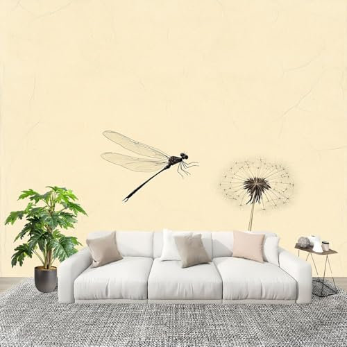 Libélula minimalista y diente de león Fotomurales 250x175 cm Papel Pintado Tejido No Tejido Fotomural Beige Efecto 3D Papel Tapiz Decorativos para Dormitorio Salón TV Pared Murales Póster