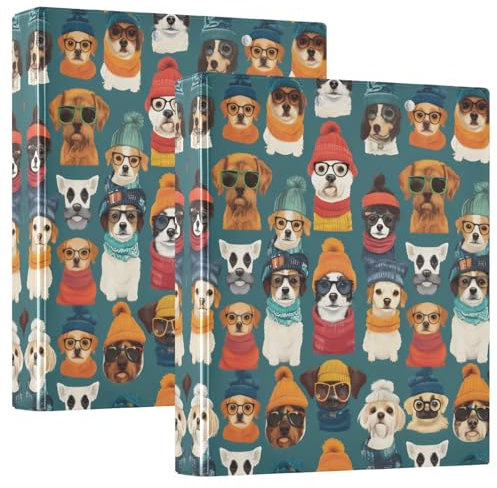 Quteprint Ringbuch mit 3 Ringen, niedlicher Hund, bunte Brillen, Hüte, 3,8 cm, runder Ringordner mit 3 transparenten Taschen, Klemmbrett und hält 200 Blatt für Büro/Schule/Zuhause