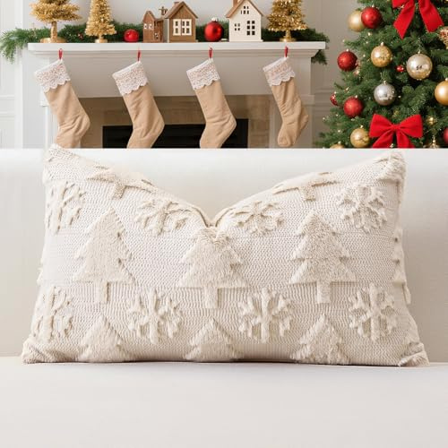 Artscope 1er Set Wolle Kissenbezüge Weicher Plüsch Kurzer Wollsamt Dekokissenbezuge Sofakissen Weihnachten Kissenhülle für Sofa Schlafzimmer Weihnachtsbaum und Schneeflocke Beige, 40x60cm