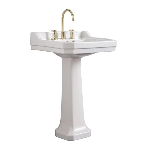 Lavandino da bagno con piedistallo con troppopieno, lavabo a colonna in ceramica bianco lucido classico lavabo da bagno combinato con rubinetto dorato e kit di scarico