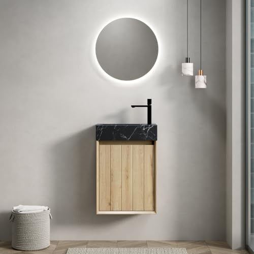 ZHOMGG Mobile da bagno 40 cm con lavabo in marmo naturale – mobile portaoggetti a parete, ante in legno, sistema ammortizzato, design compatto, rovere bianco