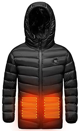 Manteau Chauffant Enfants Veste avec 2 Zones de Chauffage Doudoune USB Chauffant 3 Température Réglable Jacket Couleur Unie Sweat à Capuche Vêtements Pour La Extérieur, Moto, Chasse, Camping, Ski