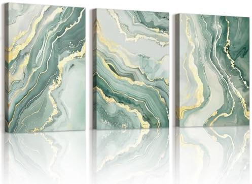 WENGTIAO 3 Stück Salbeigrün Gold Abstrakte Leinwand Bilder Kunstdrucke | Minimalistisch Abstrakt Marmor Gemälde auf Leinwand, Wandbilder für Modern Wanddeko Wohnzimmer Schlafzimmer 30x40cmx3