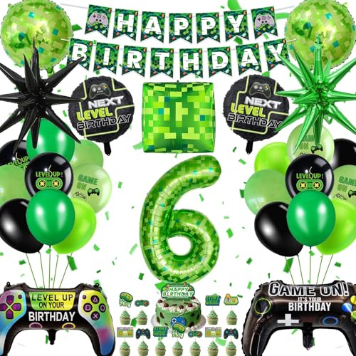 Palloncini Tema Videogiochi per Feste, Decorazioni Compleanno Gamer per 6 Anni - Set con Palloncini Foil Controller di Gioco e Numeri - Addobbi per Festa a Tema Gamer per Ragazzi