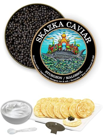 Beluga Caviar Gift Set – SKAZKA CAVIAR — Premium Beluga, caviar with Pearl Spoon, Blinis, and Crème – Gourmet Food Gift Set for Special Occasions, Fast Fresh Shipping (Can Size - 2oz, KING GRADE Beluga Sturgeon Caviar)