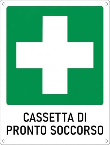 AIESI® Cartello Segnaletico “Cassetta di Pronto Soccorso” in alluminio 16x21 cm con fori per fissaggio a parete