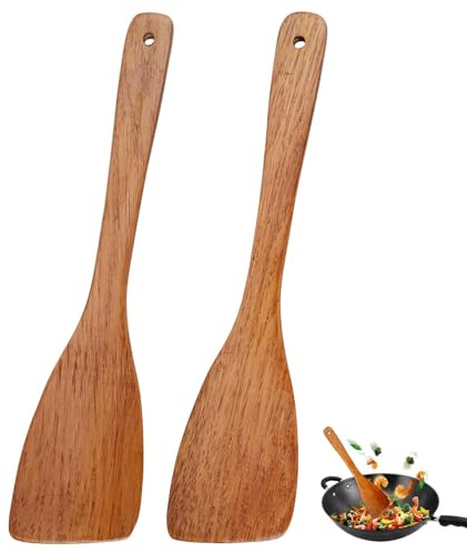2 Pieces Wooden Spatula for Cooking, 33 cm Cooking Utensils for Frying | Flat Long Handled Wood Spatula for Kitchen Tasks, Non Stick Cooking Utensils for Frying, Baking, and Stirring