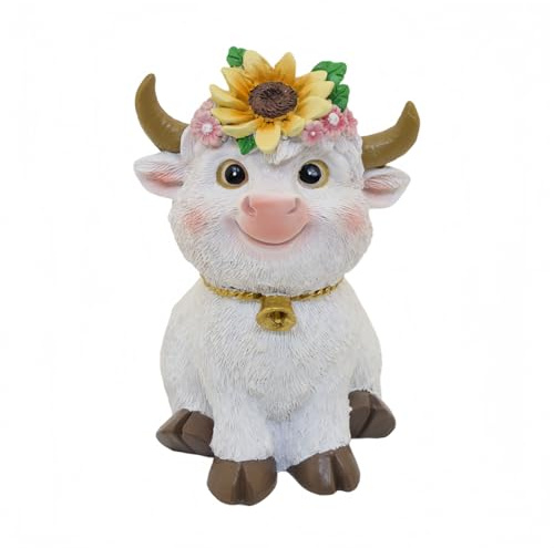 Highland Cow Figurine, Resin, Floral Crown, White, Indoor Outdoor Decor | Resin Construction | White Highland Cow | Floral Crown | Seated Design | 7.7 x 8.1 x 11.8 cm | Garden and Home Decor